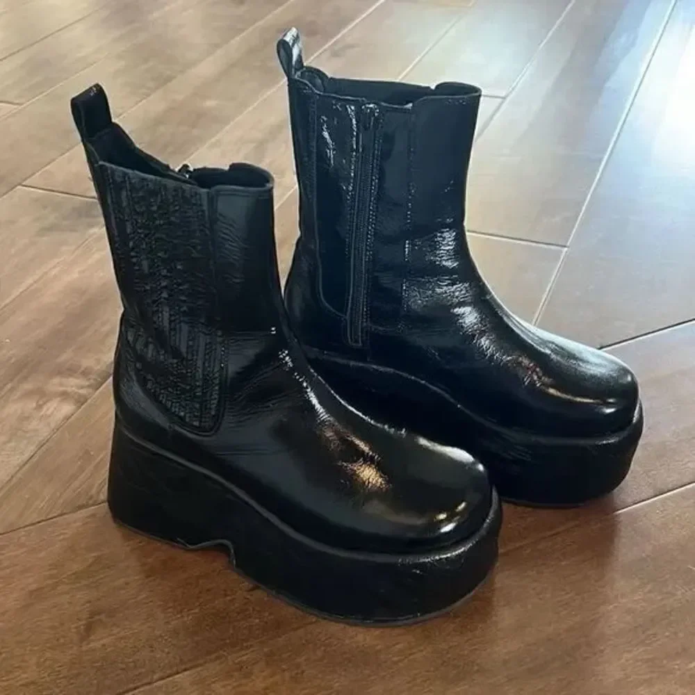 Free People Disco Days Black Leather Platform Boots US 6